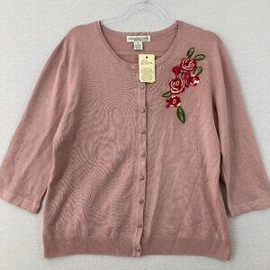 New Elan Melrose Chic Dusty Pink Rose Embroidered 3/4 Sleeve Knit Cardigan XL